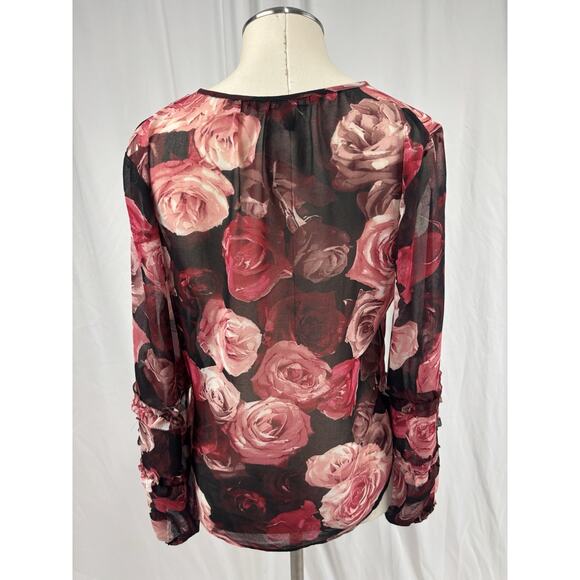 White House Black Market Rosé Floral Blouse Romantic Feminine Ruffle Sleeve XS - Picture 7 of 10